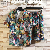 Hawaiian flower shirt mens short-sleeved loose large size beach ruffian handsome shirt trend ice silk leisure sports suit men