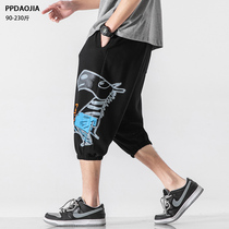 Summer fashion brand ins graffiti printing drawstring foot seven-point pants mens loose large size shorts trend wild sports 7-point pants