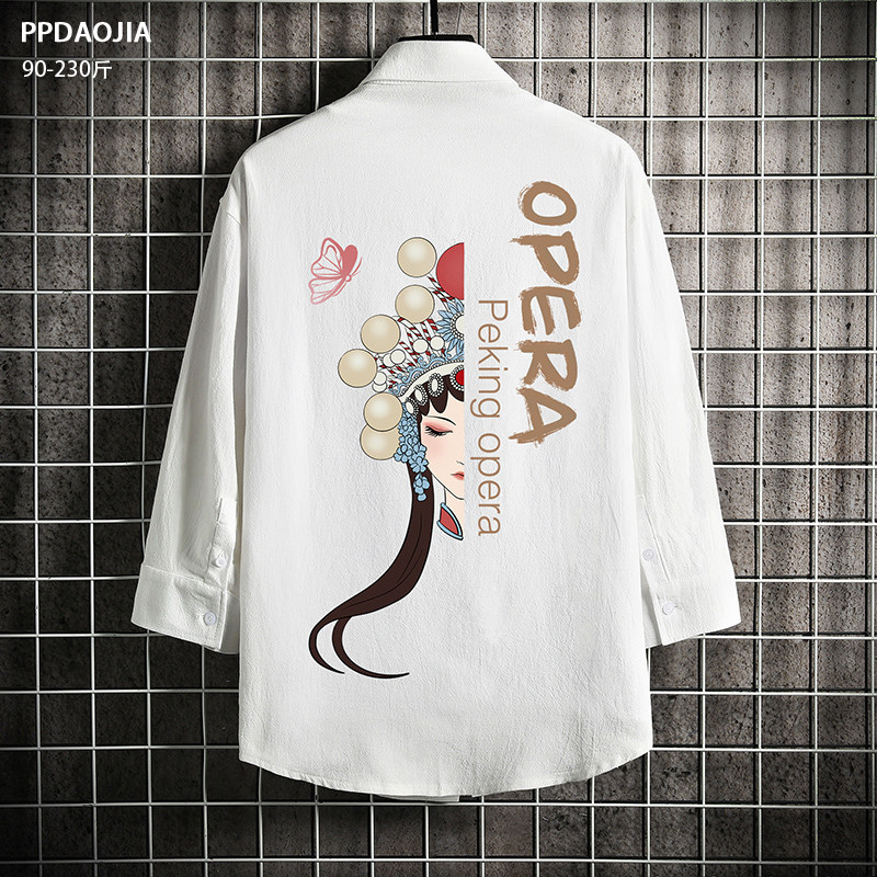 Summer day Department Back Peking Opera Printed Linen Shirt Man Short Sleeve Loose Large Size Casual 70% Sleeve Tide Jacket