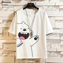 Fat Japanese bear printed linen short-sleeved T-shirt mens loose large size cotton and linen half sleeve trend fat clothes