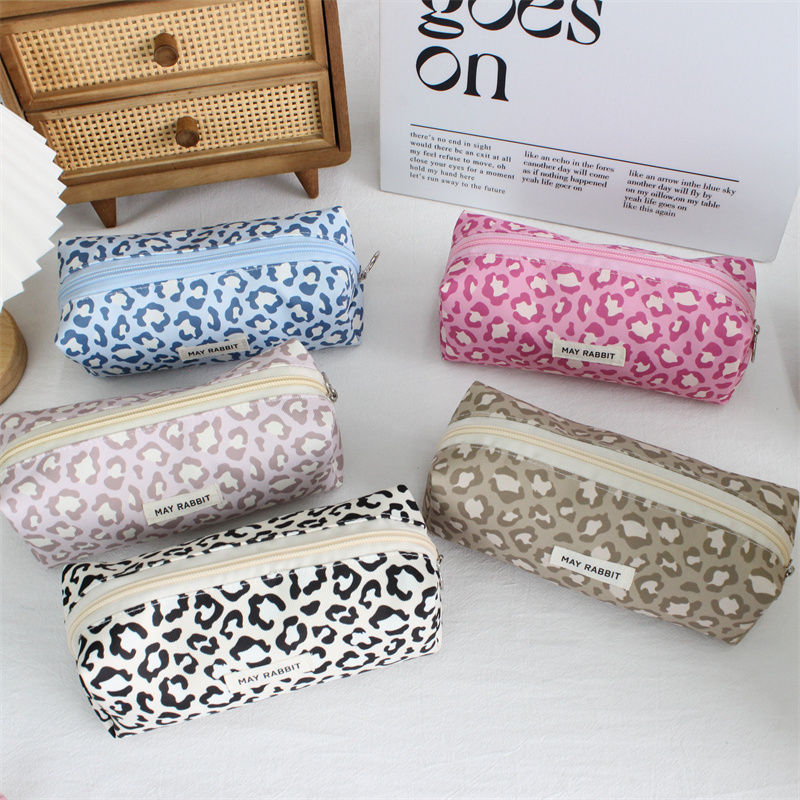 Mayrabbit Simple Zipper Sweet and Cool Leopard Print Cylindrical Pencil Case Leopard Print Large Capacity Student Stationery Storage Bag