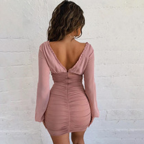 Pink front and rear large V-neck fungus side long sleeve V-neck halter adjustable pleated slim dress Birthday party