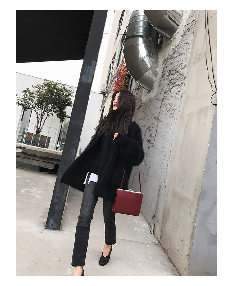 Áo khoác bờm nữ dày mùa thu đông 2018 phiên bản Hàn Quốc mới của phần dài lỏng lẻo của thắt lưng dài tay áo len phổ biến áo khoác da nữ xịn hàn quốc