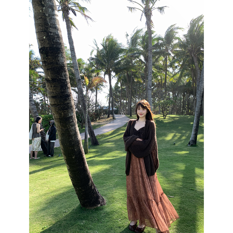 Xiaojunjun Britney Warm Chestnut Deep Autumn/High Wool-To-Mohair Ratio Hollow Knit Cardigan Xiaojunjun Britney Warm Chestnut Deep Autumn/High Wool-To-Mohair Ratio Hollow Knit Cardigan