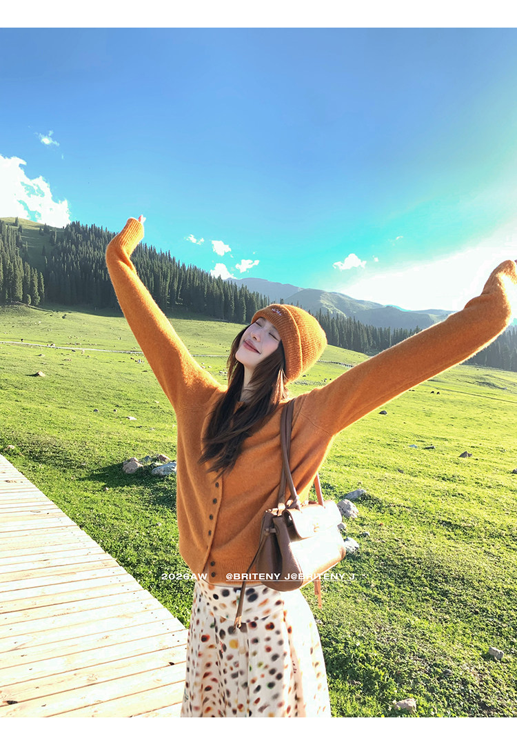 작은 6 월 6 월 브리트니 트렌디 놀이 아티스트 부드러운 찹쌀 출퇴근 세련된 니트 오픈 가디건 양모 혼방 라운드 넥 스웨터 상세 이미지 51