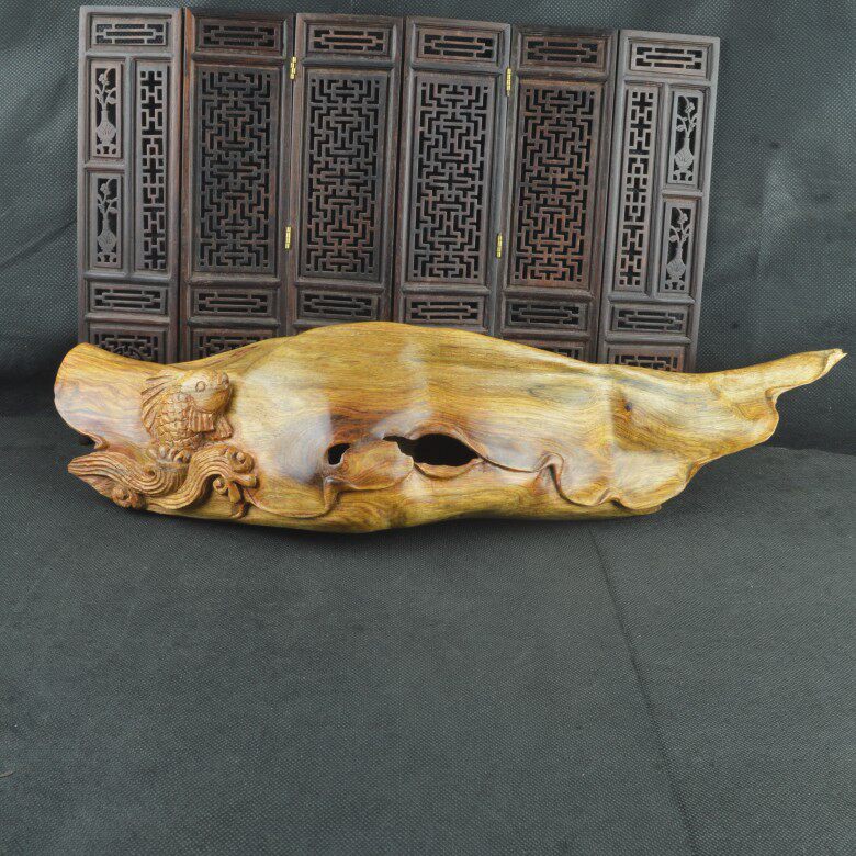 Old wood Vietnamese yellow pear carp lotus wood carving carp Yue Longmen Mahogany home entrance root carving ornaments hand carving