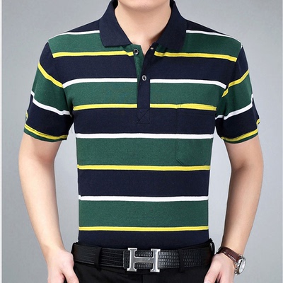 ZZ4夏季中年男士短袖T恤翻领爸爸装夏装宽松薄款半袖男装条纹POL