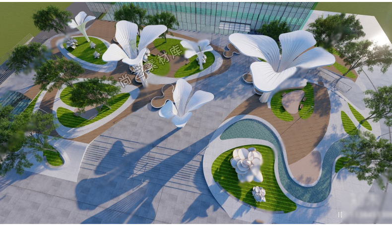 图片[2]-花瓣主题构架艺术装置SU模型树叶户外廊架休息区创意座椅草图大师-cg男孩