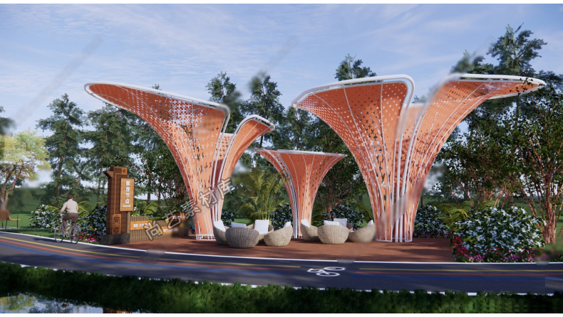 图片[8]-花瓣主题构架艺术装置SU模型树叶户外廊架休息区创意座椅草图大师-cg男孩