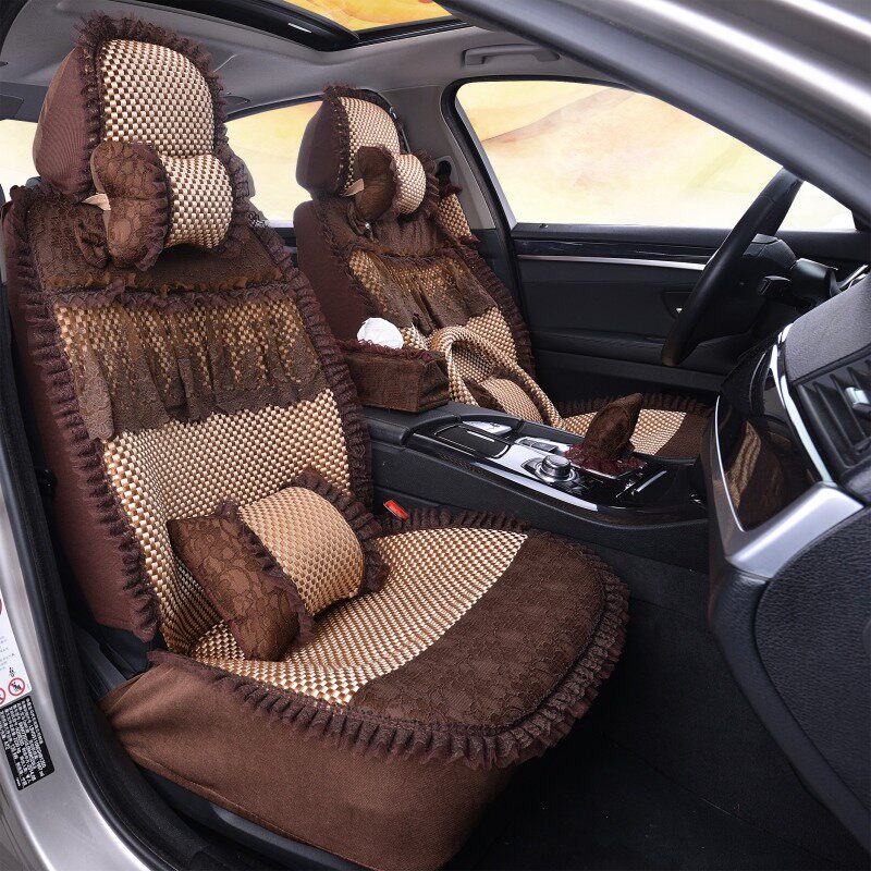 Female Car Cushions All Season Universal Summer Ice Silk Car Cushions Full Bag Cute Lace Cushion Four Seasons Cushion