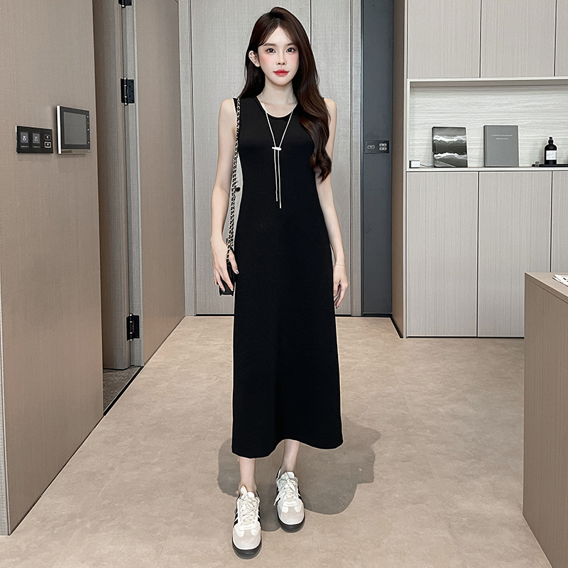 Black Sleeveless Vest Dress for Women, Spring and Summer, High-End, Loose, Slimming, Straight Skirt, Drapey, Inner Layer, Long Skirt