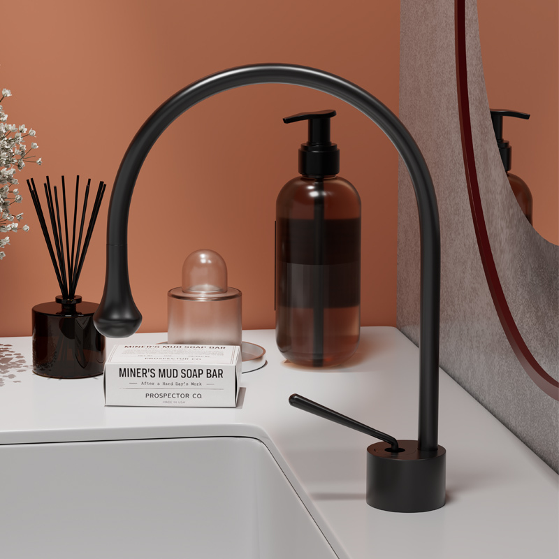 Aesthetic Black Teardrop-Shaped All-Copper Faucet for Above and under Counter Washbasin, Rotating Hot and Cold Swan Faucet with Height Adjustment
