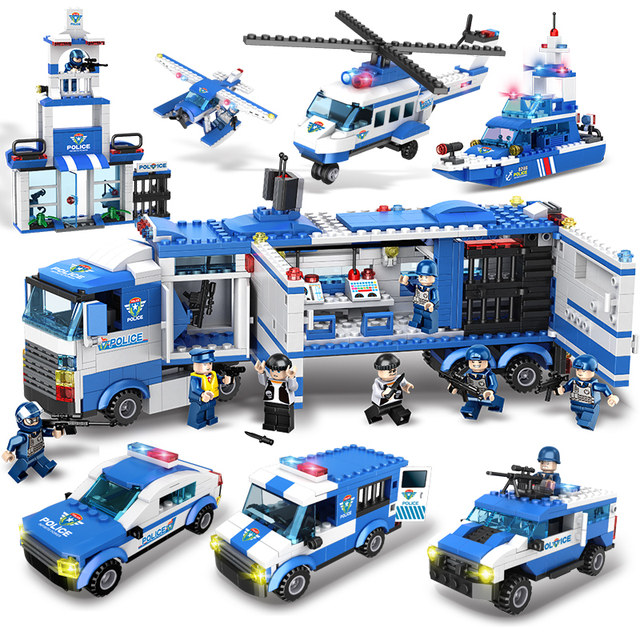 Children's police building blocks assembling toys puzzle 3 to 6 years old 5 boys 7 small particles 9 cars 8 birthday gifts 12