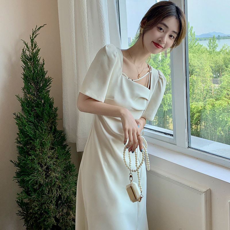Concubine children summer slim temperament square collar puff sleeves careful machine retracted waist split Korean version of the a-word thin dress