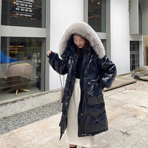 Princesss bright face down to women 2021 The new Korean version is long in the middle of a knee big pocket loose big fur collar exploits