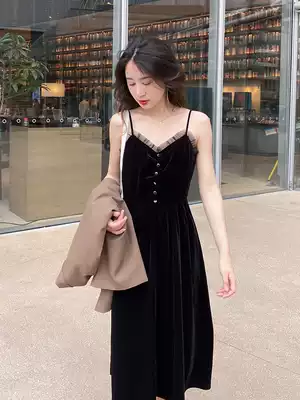 Concubine with suit sling dress women spring and autumn 2021 new V-collar temperament waist gold velvet long skirt