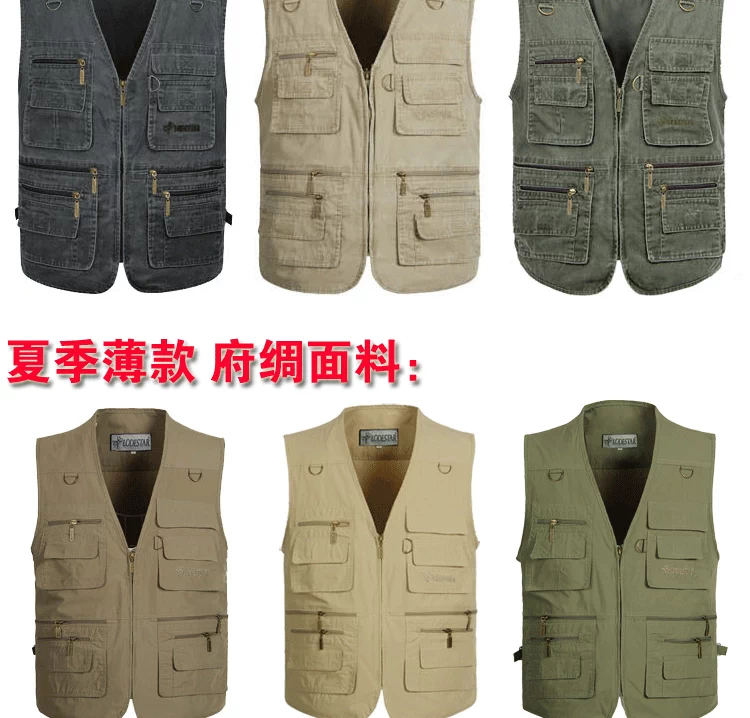 Vest nam mùa hè mỏng phần mùa xuân và mùa thu mẫu nhiều túi cộng với phân bón để tăng giải trí cho người trung niên ngoài trời vest vest béo vai