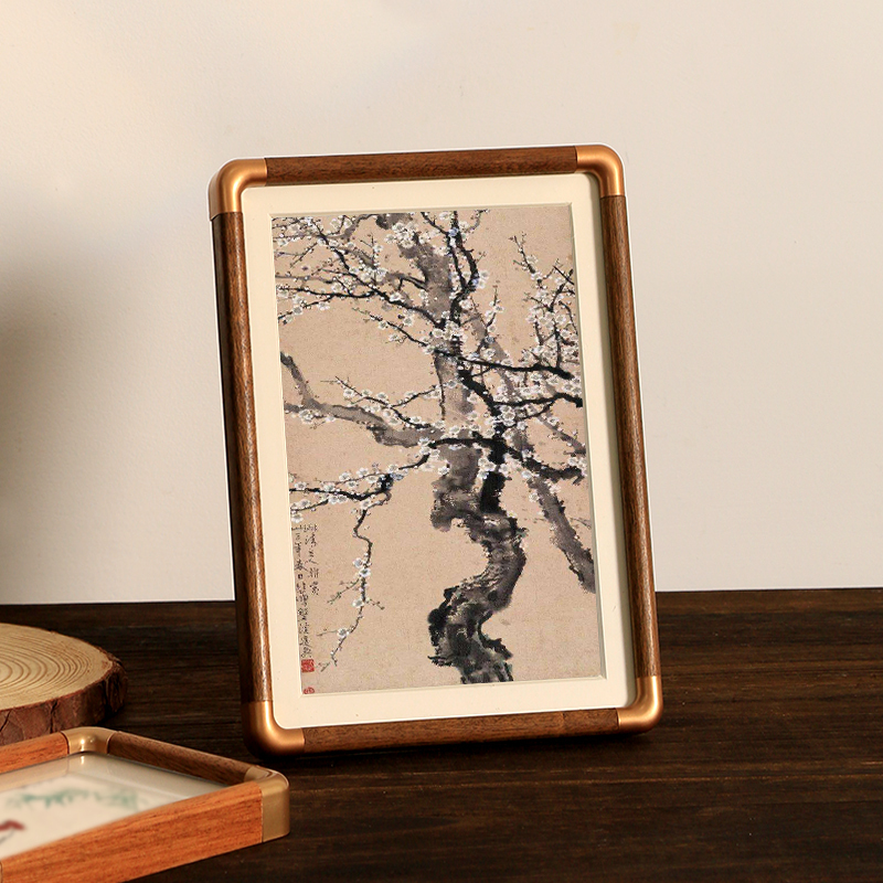 New Chinese-Style Brush Painting Landscape Art Framed Display Frame, 6-7 Inch, Solid Wood Imitation Copper Corner Frame, A4 Calligraphy Frame