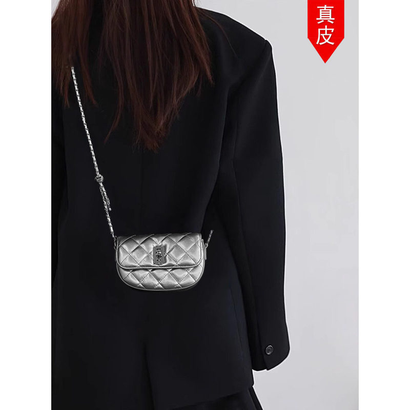Hong Kong Exclusive Silver Crossbody Bag for Women 2026 New Summer Light Luxury Niche High-End Chain Saddle Bag