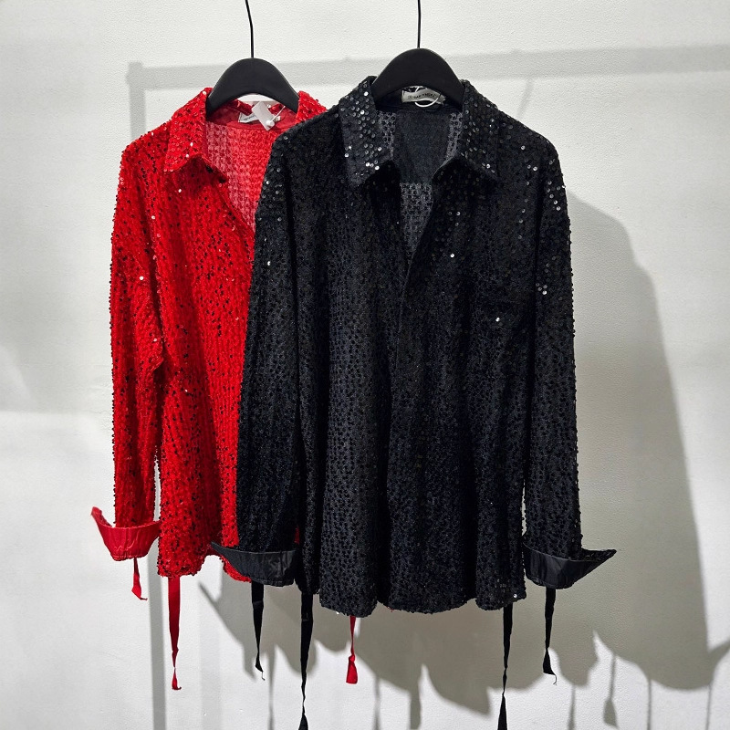 Sequin Long-Sleeved Shirt for Men, Loose-Fitting Shiny Top, Trendy Singer Streetwear Casual Shirt, Personalized Nightclub Performance Outfit