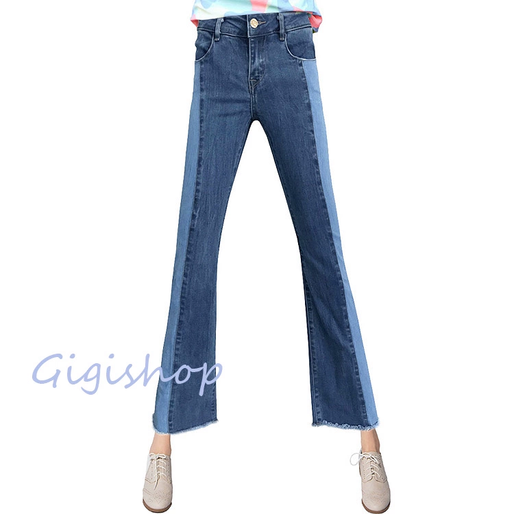 2018 mới mùa xuân và mùa thu khâu màu sắc tương phản micro jeans nữ thời trang Hàn Quốc fringe chic quần đàn hồi