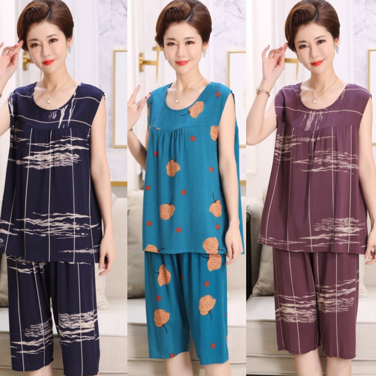 Mom's Clothing Set, Vest, Summer Cotton Silk Pajamas, Women's Middle-Aged and Elderly Sleeveless Plus Size Home Clothes, Short-Sleeved Home Wear Mom's Clothing Set, Vest, Summer Cotton Silk Pajamas, Women's Middle-Aged and Elderly Sleeveless Plus Size Home Clothes, Short-Sleeved Home Wear