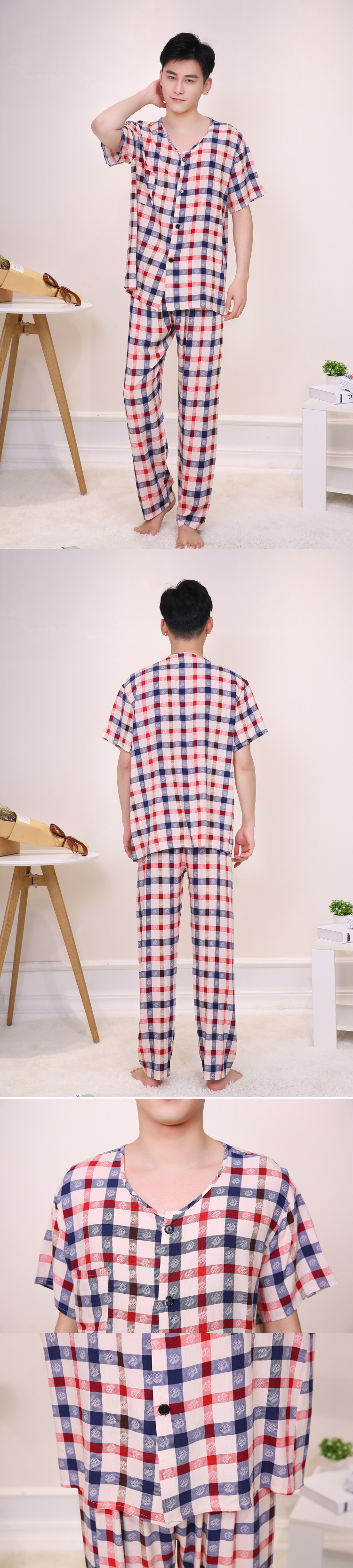 Mùa hè cotton nhân tạo bông đồ ngủ nam cotton home quần áo cotton lụa trung niên đồ ngủ XL cộng với chất béo cotton dày