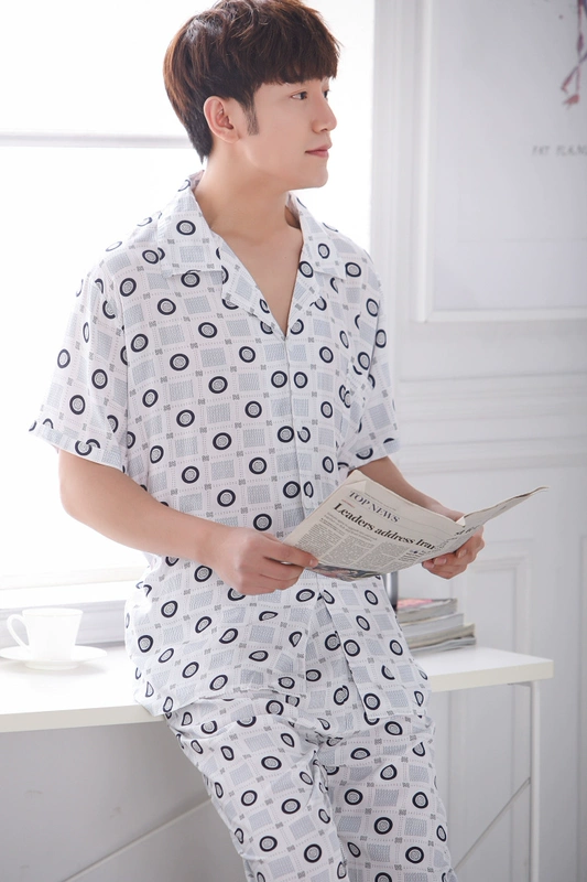 Nam cotton mùa hè rayon cotton đồ ngủ trung niên đồ ngủ giản dị XL cộng với chất béo cotton dày dịch vụ nhà