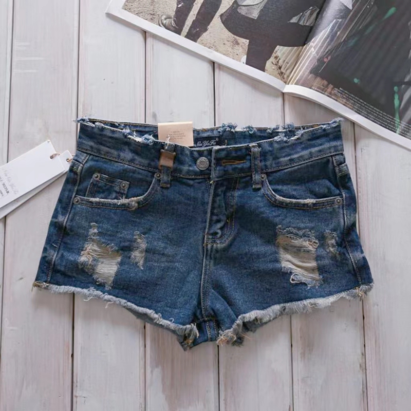 2023 Summer New Retro Blue Distressed Denim Ultra-Short Shorts for Women Low-Waist Hot Girl Midriff-Baring Low-Waist Straight Shorts
