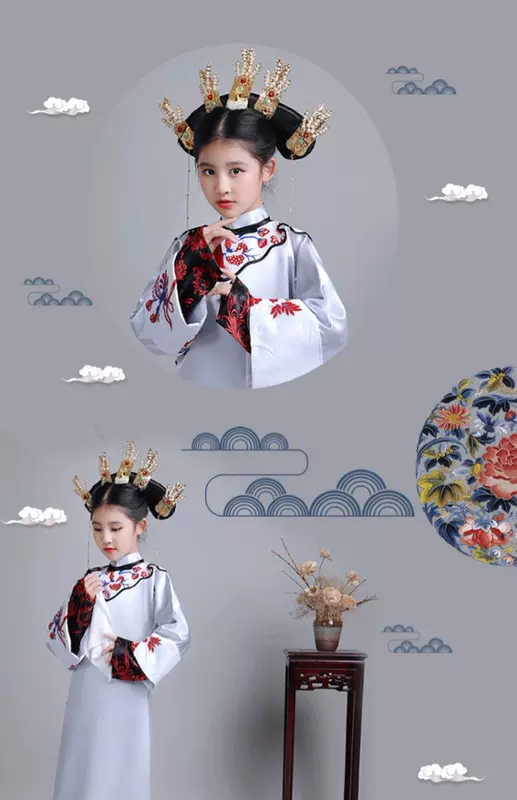 Trang phục cô gái trẻ em hoàng thiếp trang phục studio ảnh hoàng hậu cờ váy tân cung công chúa triều Thanh biểu diễn đầy đủ Hàn Quốc - Trang phục