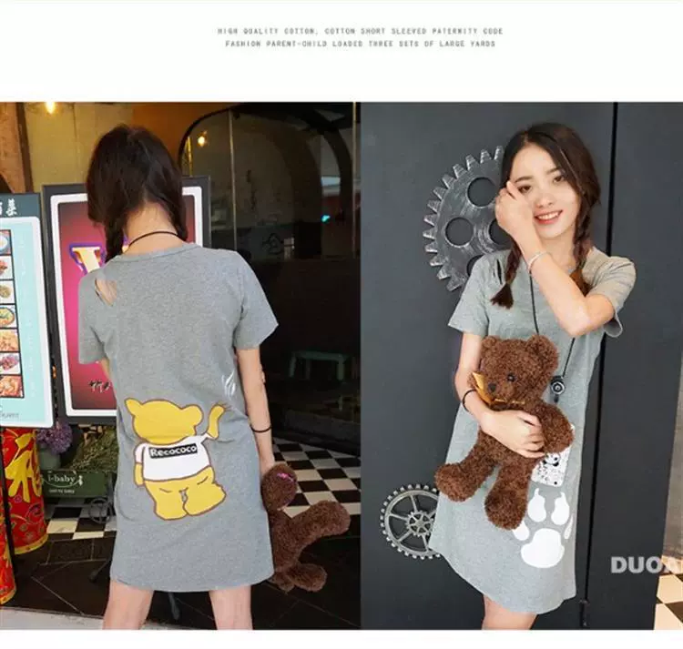 Phiên bản Hàn Quốc của phim hoạt hình kích thước lớn quần áo cha mẹ trẻ em gia đình bốn mẹ và trẻ em váy áo thun ngắn tay mùa hè - Trang phục dành cho cha mẹ và con