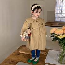 2023 autumn new children turn over the wind coat Inron mid-length style dress girl foreign air 100 Lapped Temperament Jacket