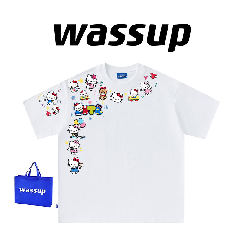 Wassup Round Neck Pure Cotton Short-Sleeved Unisex Summer Cartoon Hellokitty Cat T-Shirt Couple Student Half-Sleeve