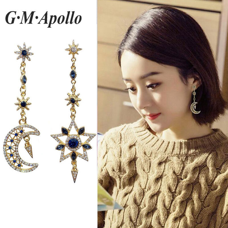 Retro Exaggerated Temperament Stars Moon South Korea Long Version Asymmetrical Minimalist Earrings S925 Ear-pin Ear Pendant Personality