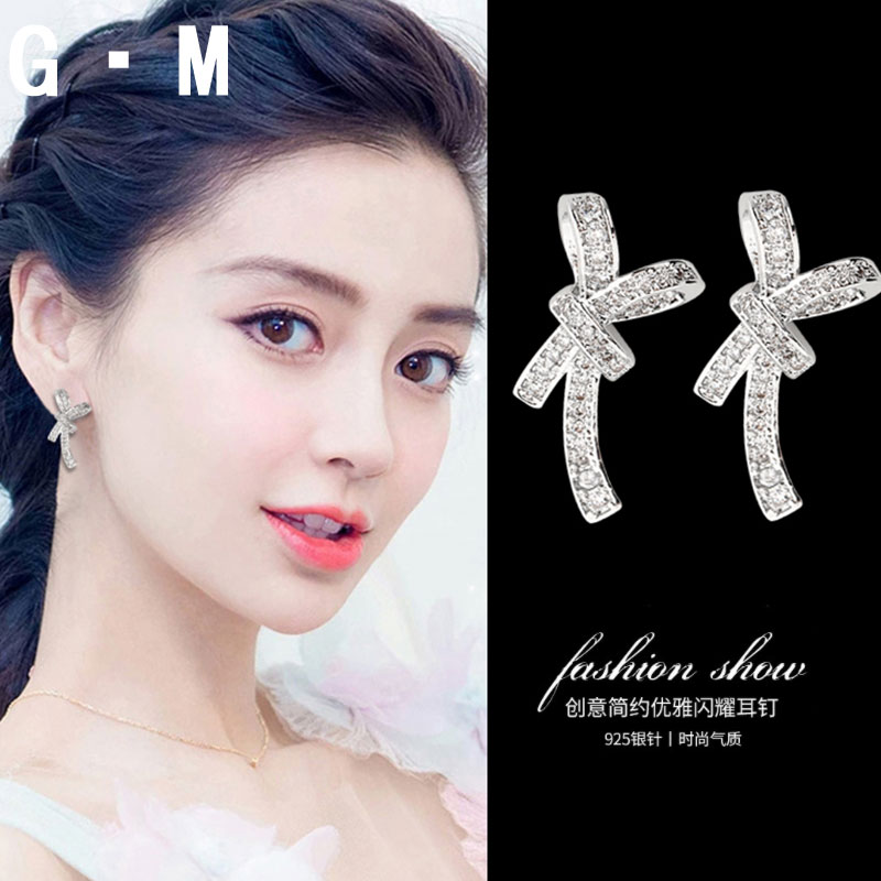 Suitable for short hair Earshot Woman Pure Silver Foster Ear Korea Big Money Fashion Temperament Butterfly Knot Net Red Zircon
