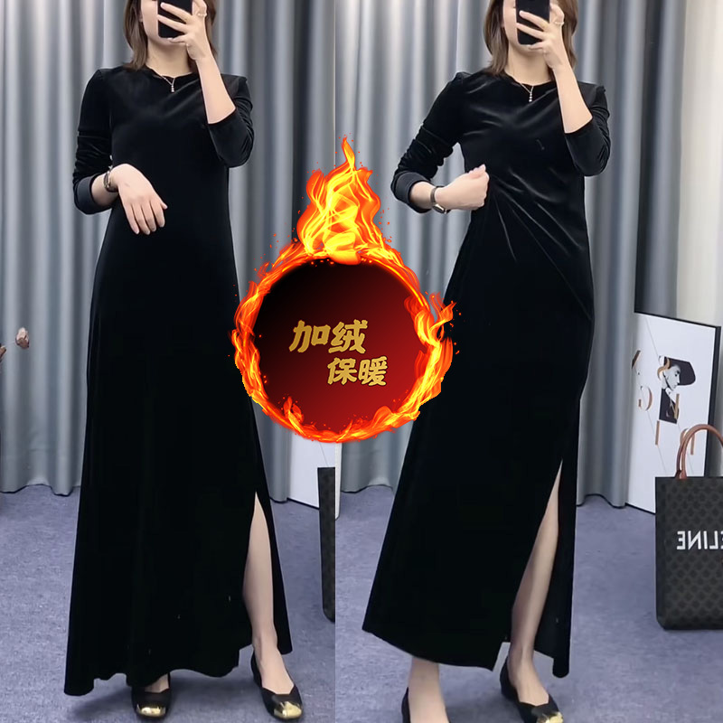 2026 New Style Elegant Retro Velvet Dress for Women, Spring High-Waisted Slimming Hepburn-Style Slit Little Black Dress