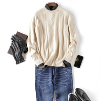 Mùa đông 2018 nam mới giản dị quý ông màu be xoắn dây cổ tròn áo thun cashmere tinh khiết áo len - Áo len Cashmere bomber nam
