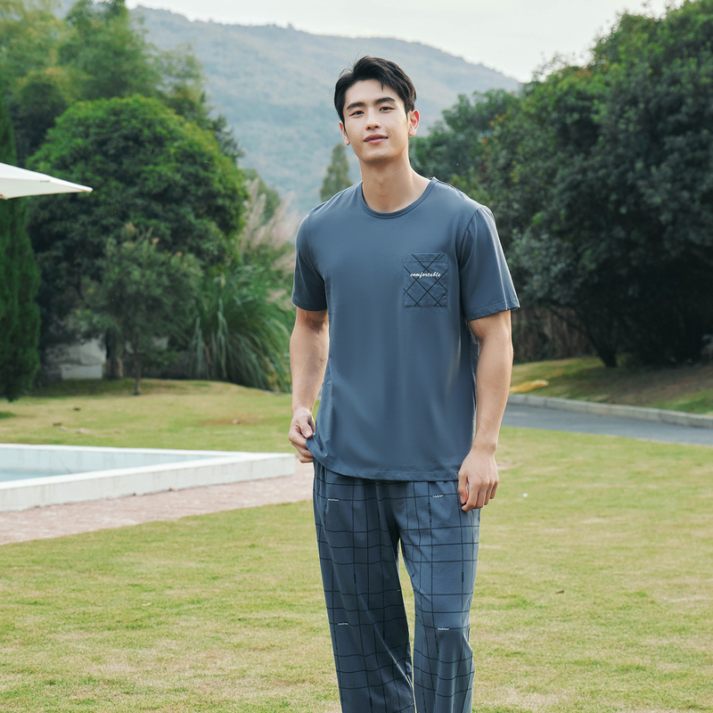 American Standard Men's Cool-Feeling 100% Pure Cotton Knitted Pajamas Summer Short-Sleeved Long Pants Round Neck Home Wear Set New Product