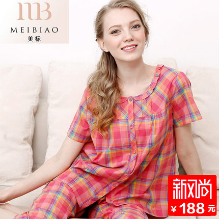 美标2018薄款夏季女士梭织纯棉红色格子睡衣