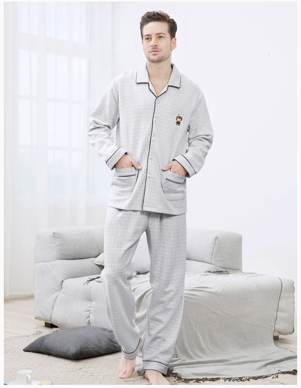 Mỹ tiêu chuẩn mùa xuân và mùa thu mới đồ ngủ hai mặt cotton nữ đôi tay dài cardigan mùa xuân dệt kim cotton dịch vụ nhà nam có thể được mặc