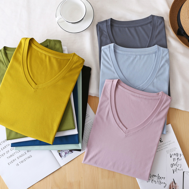 Basic all-match half-sleeved mercerized cotton summer V-neck short-sleeved T youth cotton slim fit T-shirt large size solid color commuting