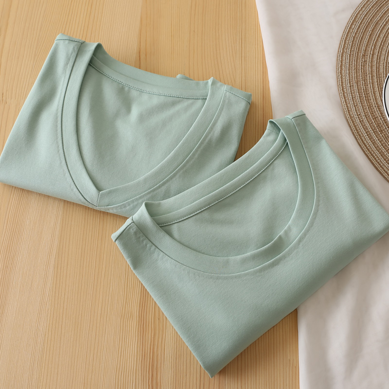 Light green double-sided mercerized cotton t-shirt short-sleeved round neck V-neck half-sleeved cotton bottoming shirt simple commuting loose top