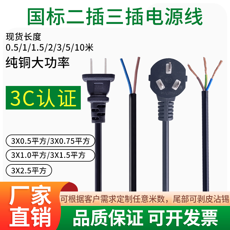Pure Copper National Standard Power Cord Two-Prong Three-Prong 2-Core/3-Core 0.7/5/1.0/1.5/2.5 Square Two-Prong Connection Pure Copper National Standard Power Cord Two-Prong Three-Prong 2-Core/3-Core 0.7/5/1.0/1.5/2.5 Square Two-Prong Connection