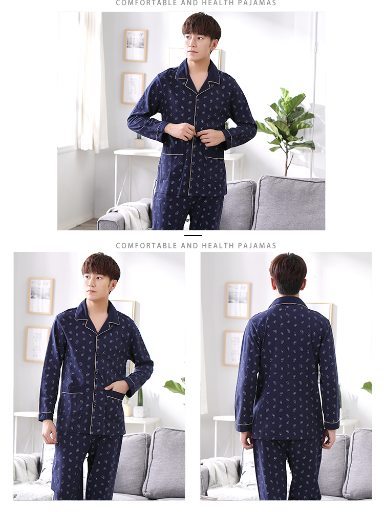 Bộ đồ ngủ nam dài tay mùa xuân và mùa thu 100% cotton Nam giới mùa thu và mùa đông Thanh niên Cotton Kích thước lớn Bộ dịch vụ gia đình trung niên bộ pyjama trẻ em