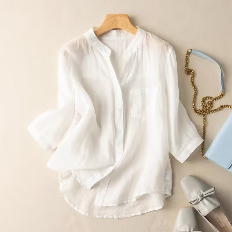 European Style Three-Quarter Sleeve Cotton and Linen Shirt for Women, Summer 2026 New Trendy Fashion Blouse, Loose Casual Linen Top European Style Three-Quarter Sleeve Cotton and Linen Shirt for Women, Summer 2026 New Trendy Fashion Blouse, Loose Casual Linen Top
