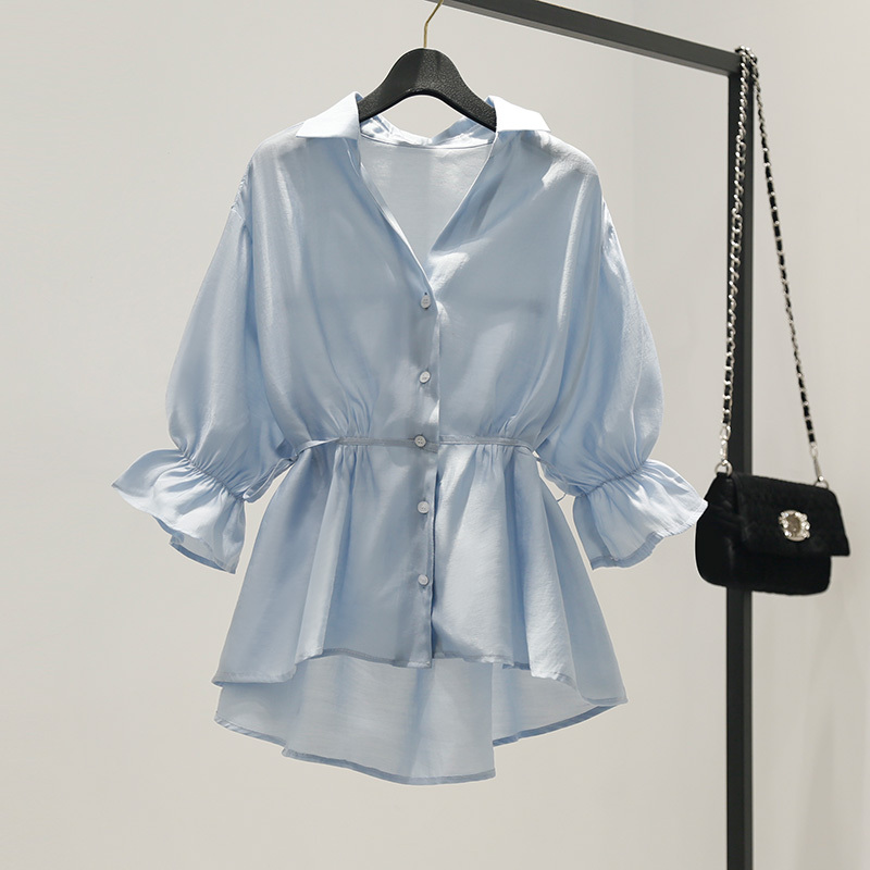European Style Chiffon Shirt with Short Front and Long Back for Women, Summer Design, Niche Waist-Cinching Mid-Length Shirt Dress Top, Trendy