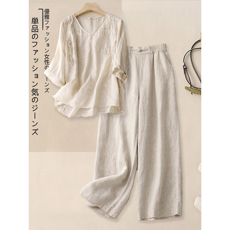 European High-End Fashion Cotton and Linen Suit for Women 2026 New Summer Casual Linen Top and Wide-Leg Pants Two-Piece Set