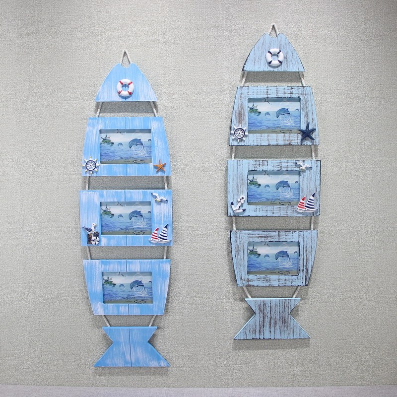 Mediterranean Style Fish-Shaped Combination Photo Frame Decorative Pendant 5inch Photo Frames Ocean Style Blue Theme Wall Decoration