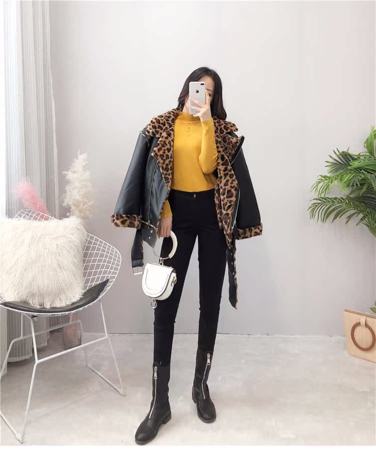 Phiên bản Hàn Quốc cộng với áo khoác nhung da dày nữ 2018 mới đẹp trai đầu máy nữ ulzzang da báo nhung áo da dáng dài
