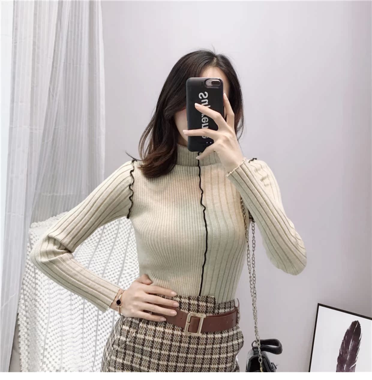 Áo len tự chế kiểu Hồng Kông cho phụ nữ áo dài tay mùa thu và mùa đông hoang dã phần mỏng cổ áo cao cổ áo set đồ bó sát cơ thể thủy triều áo len cổ cao